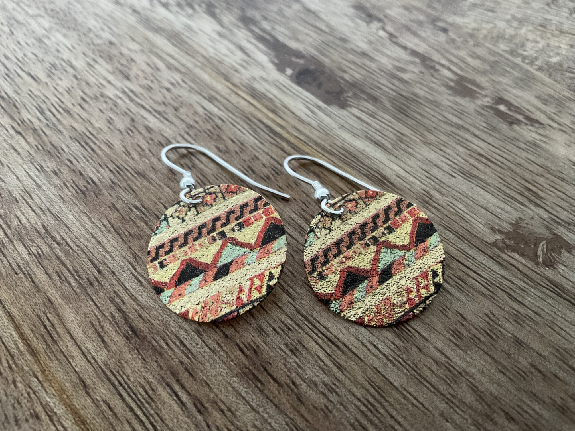 Painted Brass Disk Dangle Earrings - Aztec